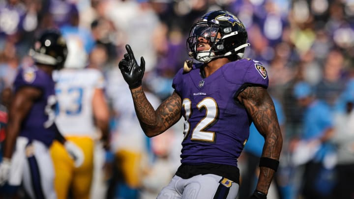 Oct 17, 2021; Baltimore, Maryland, USA; Baltimore Ravens free safety DeShon Elliott (32) celebrates a defensive stop against the Los Angeles Chargers during the second half at M&T Bank Stadium. Mandatory Credit: Vincent Carchietta-USA TODAY Sports