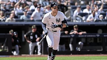 May 19, 2024; Bronx, New York, USA; New York Yankees outfielder Aaron Judge (99) hits a two run home