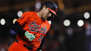 Jul 26, 2025; Baltimore, Maryland, USA; Baltimore Orioles catcher Alex Jackson rounds the bases during a home run against Colorado Rockies in the eighth inning at Oriole Park at Camden Yards. Mandatory Credit: Lexi Thompson-Imagn Images