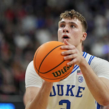 Duke Blue Devils forward Cooper Flagg (2) shoots the ball during the first half against the Baylor Bears in the second round of the NCAA Tournament at Lenovo Center. 