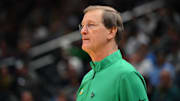 Mar 21, 2025; Seattle, WA, USA; Oregon Ducks head coach Dana Altman during the second half in the first round of the NCAA Tournament at Climate Pledge Arena. Mandatory Credit: Steven Bisig-Imagn Images
