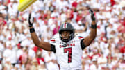 Oct 19, 2024; Norman, Oklahoma, USA;  South Carolina Gamecocks defensive back Nick Emmanwori (7) reacts after returning an interception for a touchdown during the first half against the Oklahoma Sooners at Gaylord Family-Oklahoma Memorial Stadium. Mandatory Credit: Kevin Jairaj-Imagn Images