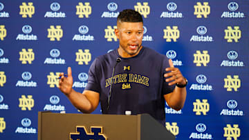 Notre Dame head coach Marcus Freeman speaks with the media after a Notre Dame football practice at Irish Athletic Center on Wednesday, July 31, 2024, in South Bend.