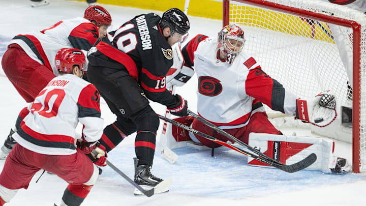 Apr 25, 2026; Ottawa, Ontario, CAN; Carolina Hurricanes goalie Frederik Andersen (31) makes a save on a shot from Ottawa Senators right wing Drake Batherson (19) in the third period of game four of the first round of the 2026 Stanley Cup Playoffs at the Canadian Tire Centre. Mandatory Credit: Marc DesRosiers-Imagn