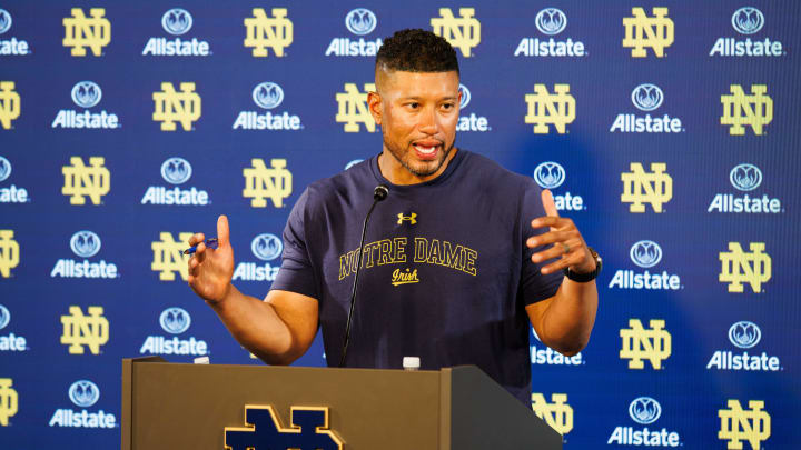 Notre Dame head coach Marcus Freeman speaks with the media after a Notre Dame football practice at Irish Athletic Center on Wednesday, July 31, 2024, in South Bend.