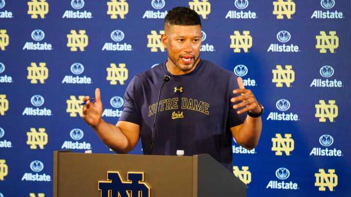 Notre Dame head coach Marcus Freeman speaks with the media after a Notre Dame football practice at Irish Athletic Center on Wednesday, July 31, 2024, in South Bend.