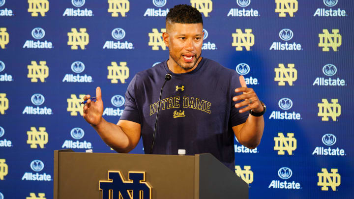 Notre Dame head coach Marcus Freeman speaks with the media after a Notre Dame football practice at Irish Athletic Center on Wednesday, July 31, 2024, in South Bend.