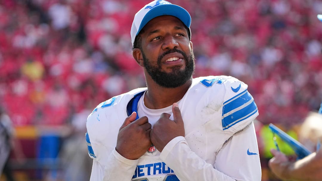 Aug 17, 2024; Kansas City, Missouri, USA; Detroit Lions linebacker Jalen Reeves-Maybin (42) on the sidelines against the Kansas City Chiefs during the game at GEHA Field at Arrowhead Stadium.