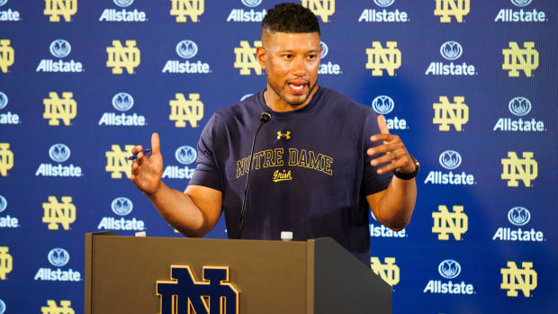 Marcus Freeman meets the media after the season-opening practice of 2024. 