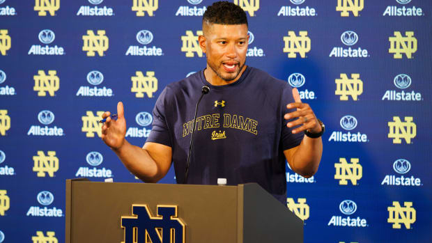 Notre Dame head coach Marcus Freeman meets the media after the first practice of the 2024 football season.