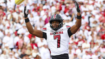 Oct 19, 2024; Norman, Oklahoma, USA;  South Carolina Gamecocks defensive back Nick Emmanwori (7) reacts after returning an interception for a touchdown during the first half against the Oklahoma Sooners at Gaylord Family-Oklahoma Memorial Stadium. Mandatory Credit: Kevin Jairaj-Imagn Images