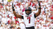Oct 19, 2024; Norman, Oklahoma, USA;  South Carolina Gamecocks defensive back Nick Emmanwori (7) reacts after returning an interception for a touchdown during the first half against the Oklahoma Sooners at Gaylord Family-Oklahoma Memorial Stadium. Mandatory Credit: Kevin Jairaj-Imagn Images