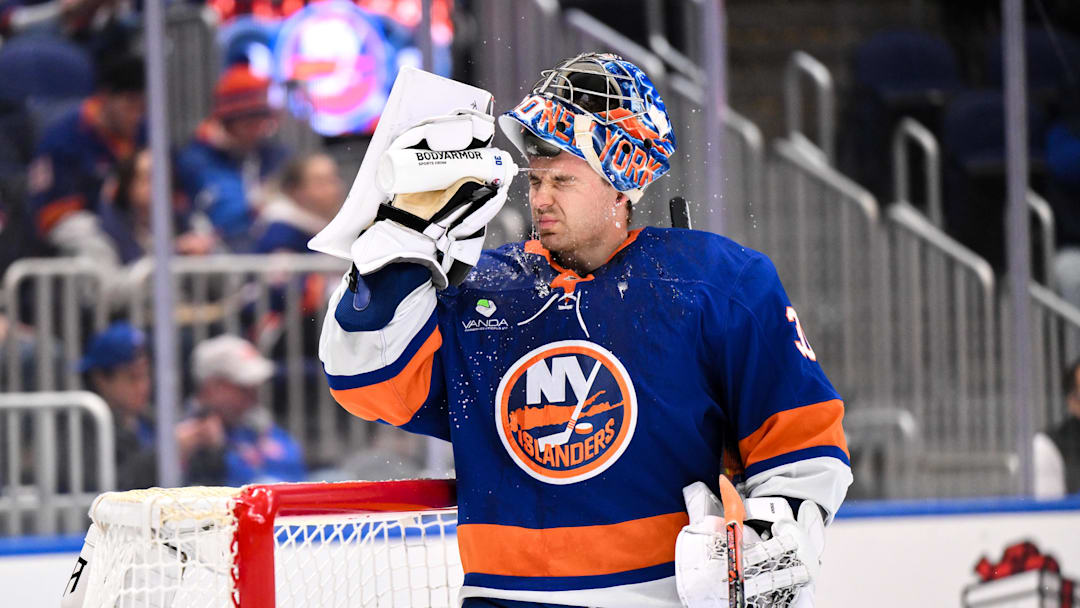 Dec 19, 2025; Elmont, New York, USA; New York Islanders goaltender Ilya Sorokin (30) during the first period against the Vancouver Canucks at UBS Arena. Mandatory Credit: John Jones-Imagn Images