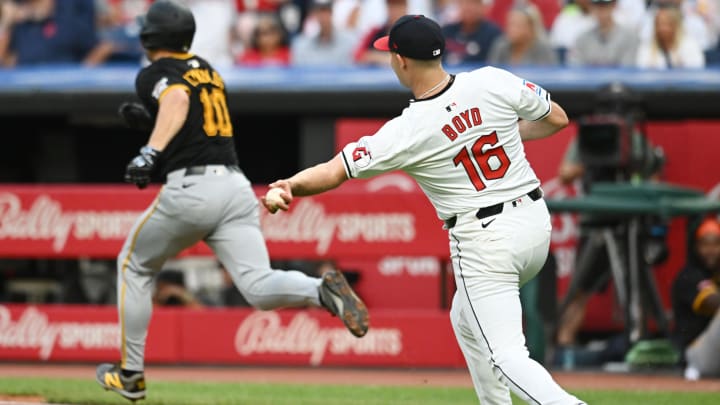 Aug 31, 2024; Cleveland, Ohio, USA; Cleveland Guardians starting pitcher Matthew Boyd (16) throws out Pittsburgh Pirates left fielder Bryan Reynolds (10) during the sixth inning at Progressive Field. Mandatory Credit: Ken Blaze-USA TODAY Sports