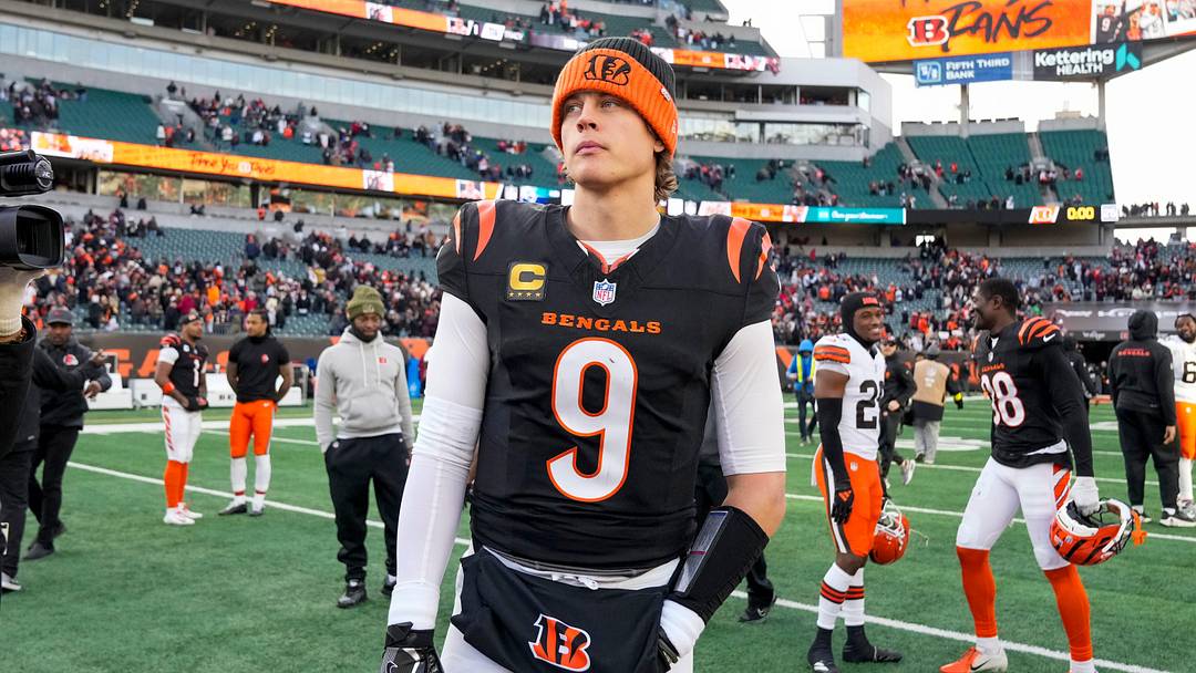 Cincinnati Bengals quarterback Joe Burrow (9) looks for hands to shake after the fourth quarter of the NFL Week 18 game between the Cincinnati Bengals and the Cleveland Browns at Paycor Stadium in Downtown Cincinnati on Sunday, Jan. 4, 2026. The Browns kicked a last second field goal to win 20-18.