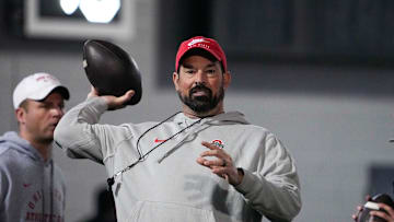 Ohio State Buckeyes head coach Ryan Day makes a pass during spring football practice at the Woody Hayes Athletic Center on Wednesday, March 19, 2025 in Columbus, Ohio.