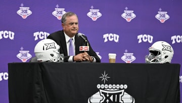 Jul 9, 2024; Las Vegas, NV, USA; Head coach Sonny Dukes of TCU, speaks to the media during the Big 12 Media Days at Allegiant Stadium. Mandatory Credit: Candice Ward-USA TODAY Sports