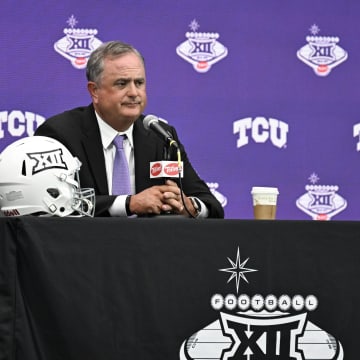 Jul 9, 2024; Las Vegas, NV, USA; Head coach Sonny Dukes of TCU, speaks to the media during the Big 12 Media Days at Allegiant Stadium. Mandatory Credit: Candice Ward-USA TODAY Sports