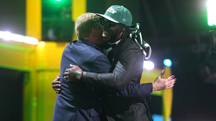 Apr 23, 2026; Pittsburgh, PA, USA; Texas Tech Red Raiders linebacker David Bailey embraces NFL commissioner Roger Goodell after he is selected by the New York Jets as the number two pick during the 2026 NFL Draft at Acrisure Stadium. Mandatory Credit: Kirby Lee-Imagn Images