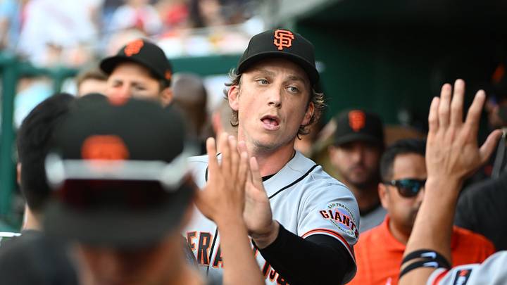 Apr 18, 2026; Washington, District of Columbia, USA; San Francisco Giants pitcher Ryan Borucki (47) congratulated by teammates after recording the final out of the sixth inning against the Washington Nationals at Nationals Park. Mandatory Credit: Brad Mills-Imagn Images
