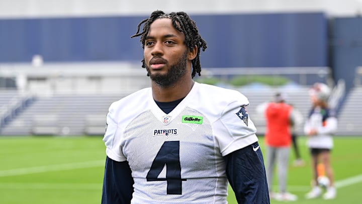 New England Patriots running back Antonio Gibson leaves the practice fields after minicamp at Gillette Stadium. 