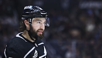 Apr 6, 2024; Los Angeles, California, USA; Los Angeles Kings defenseman Drew Doughty (8) looks on during the third period of a game against the Vancouver Canucks at Crypto.com Arena. Mandatory Credit: Jessica Alcheh-Imagn Images