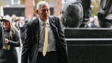 Nov 8, 2025; Iowa City, Iowa, USA; Iowa Hawkeyes head coach Kirk Ferentz enters Kinnick Stadium before the game against the Oregon Ducks. Mandatory Credit: Jeffrey Becker-Imagn Images