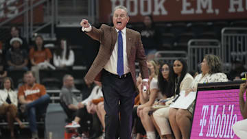Jan 30, 2025; Austin, Texas, USA; Texas Longhorns head coach Vic Schaefer signals to players during the first half against the Missouri Tigers at Moody Center. Mandatory Credit: Scott Wachter-Imagn Images