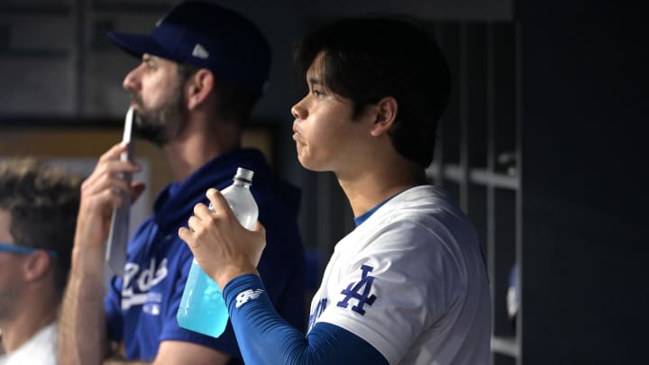 Los Angeles Dodgers designated hitter Shohei Ohtani (17) in the dugout against the Philadelphia Phillies at Dodger Stadium.