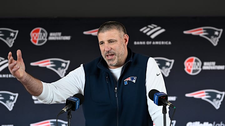 Mar 13, 2025; Foxborough, MA, USA; New England Patriots head coach Mike Vrabel discusses the teamís recent free agent additions with the media at Gillette Stadium. Mandatory Credit: Eric Canha-Imagn Images
