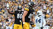 Nov 2, 2025; Pittsburgh, Pennsylvania, USA; Pittsburgh Steelers tight end Pat Freiermuth (88) scores a touchdown during the first half against the Indianapolis Colts at Acrisure Stadium. Mandatory Credit: Barry Reeger-Imagn Images