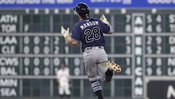 May 31, 2025; Houston, Texas, USA; Tampa Bay Rays center fielder Jake Mangum (28) rounds the bases after hitting a home run during the seventh inning against the Houston Astros at Daikin Park. Mandatory Credit: Troy Taormina-Imagn Images