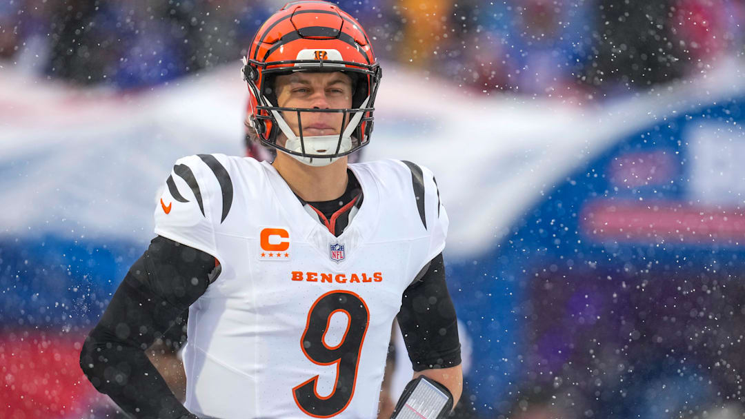 Cincinnati Bengals quarterback Joe Burrow (9) leads the team onto the field for the first quarter of the NFL Week 14 game between the Buffalo Bills and the Cincinnati Bengals at Highmark Stadium in Orchard Park, N.Y., on Sunday, Dec. 7, 2025.
