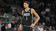 Jan 12, 2024; San Antonio, Texas, USA; San Antonio Spurs center Victor Wembanyama (1) looks on in the second dhal against the Charlotte Hornets at Frost Bank Center.