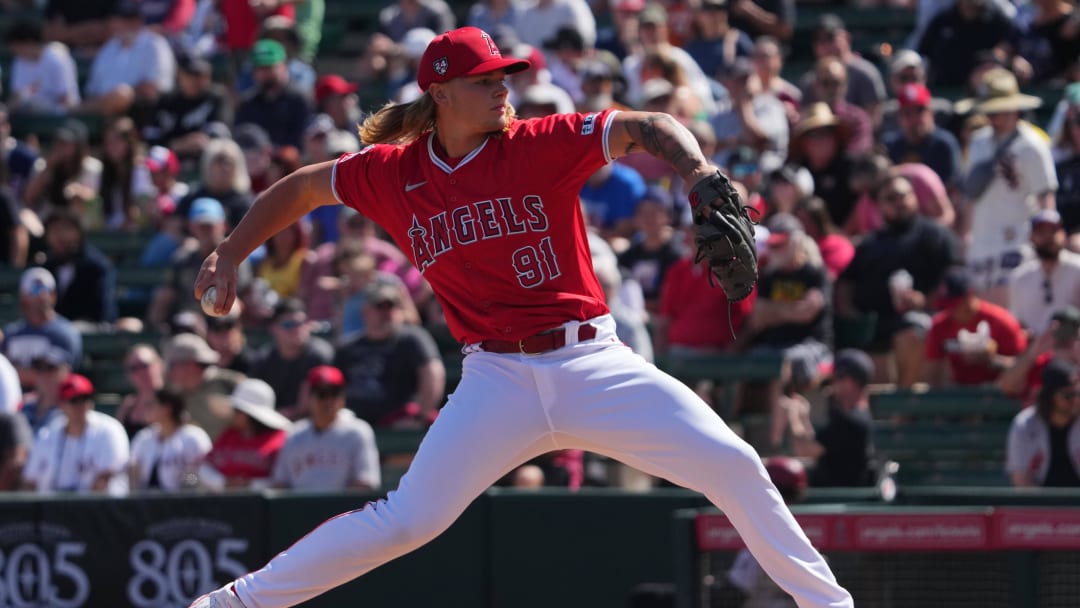 Mar 3, 2024; Tempe, Arizona, USA; Los Angeles Angels pitcher Caden Dana (91) pitches against the Chicago White Sox during the first inning at Tempe Diablo Stadium. Mandatory Credit: Joe Camporeale-USA TODAY Sports