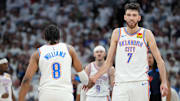 Oklahoma City Thunder forward Chet Holmgren reacts with forward Jalen Williams during the 2025 NBA Playoffs