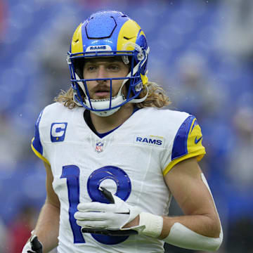 Dec 10, 2023; Baltimore, Maryland, USA;  Los Angeles Rams wide receiver Ben Skowronek (18) warms up before a game against the Baltimore Ravens at M&T Bank Stadium. Mandatory Credit: Jessica Rapfogel-Imagn Images