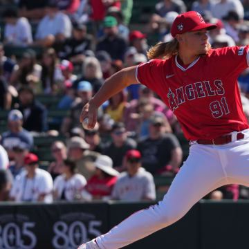 Los Angeles Angels pitcher Caden Dana (91) pitches against the Chicago White Sox during the first inning at Tempe Diablo Stadium on March 3.