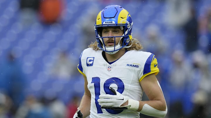 Dec 10, 2023; Baltimore, Maryland, USA;  Los Angeles Rams wide receiver Ben Skowronek (18) warms up before a game against the Baltimore Ravens at M&T Bank Stadium. Mandatory Credit: Jessica Rapfogel-Imagn Images