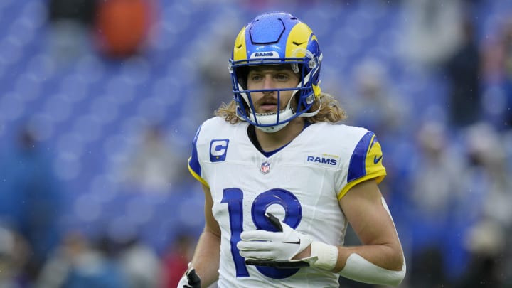 Dec 10, 2023; Baltimore, Maryland, USA;  Los Angeles Rams wide receiver Ben Skowronek (18) warms up before a game against the Baltimore Ravens at M&T Bank Stadium. Mandatory Credit: Jessica Rapfogel-USA TODAY Sports