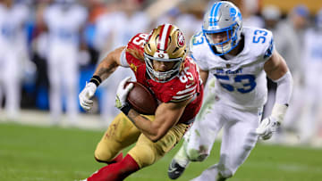 Dec 30, 2024; Santa Clara, California, USA; San Francisco 49ers tight end George Kittle (85) during the game against the Detroit Lions at Levi's Stadium. Mandatory Credit: Sergio Estrada-Imagn Images
