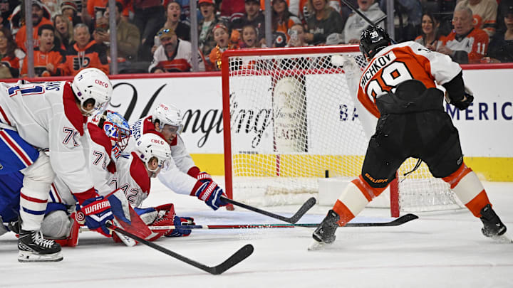 Apr 14, 2026; Philadelphia, Pennsylvania, USA; Philadelphia Flyers right wing Matvei Michkov (39) scores a goal against the Montréal Canadiens during the second period at Xfinity Mobile Arena. Mandatory Credit: Eric Hartline-Imagn Images
