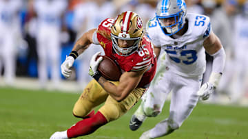 Dec 30, 2024; Santa Clara, California, USA; San Francisco 49ers tight end George Kittle (85) during the game against the Detroit Lions at Levi's Stadium. Mandatory Credit: Sergio Estrada-Imagn Images