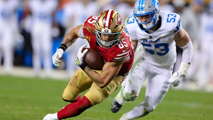 Dec 30, 2024; Santa Clara, California, USA; San Francisco 49ers tight end George Kittle (85) during the game against the Detroit Lions at Levi's Stadium. Mandatory Credit: Sergio Estrada-Imagn Images