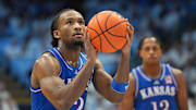 Nov 7, 2025; Chapel Hill, North Carolina, USA;  Kansas Jayhawks guard Darryn Peterson (22) on the line in the first half at Dean E. Smith Center. Mandatory Credit: Bob Donnan-Imagn Images
