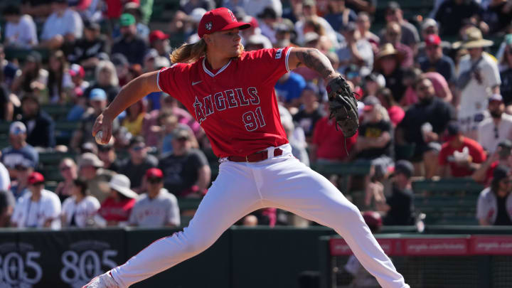 Los Angeles Angels pitcher Caden Dana pitches against the Chicago White Sox during a spring training game at Tempe Diablo Stadium.