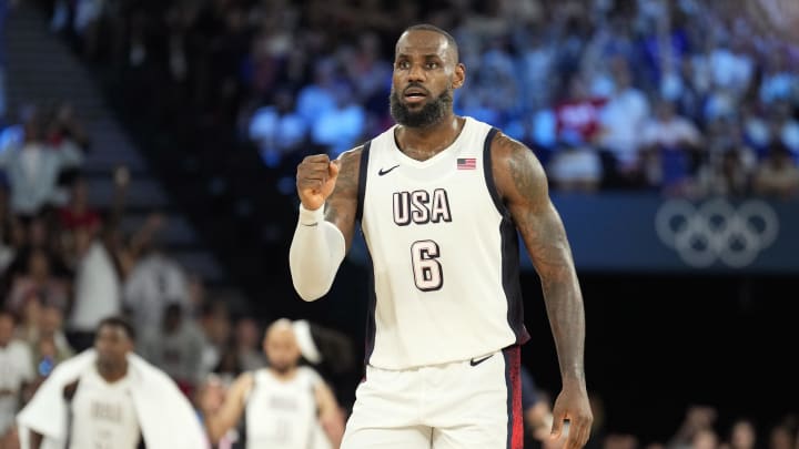 Aug 8, 2024; Paris, France; United States guard LeBron James (6) celebrates during the second half against Serbia in a men's basketball semifinal game during the Paris 2024 Olympic Summer Games at Accor Arena. Mandatory Credit: Kyle Terada-USA TODAY Sports