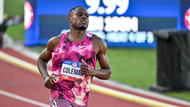 Jun 22, 2024; Eugene, OR, USA; Christian Coleman wins his 100m dash heat in a time of 9.99 during the US Olympic Track and Field Team Trials. Mandatory Credit: Craig Strobeck-USA TODAY Sports