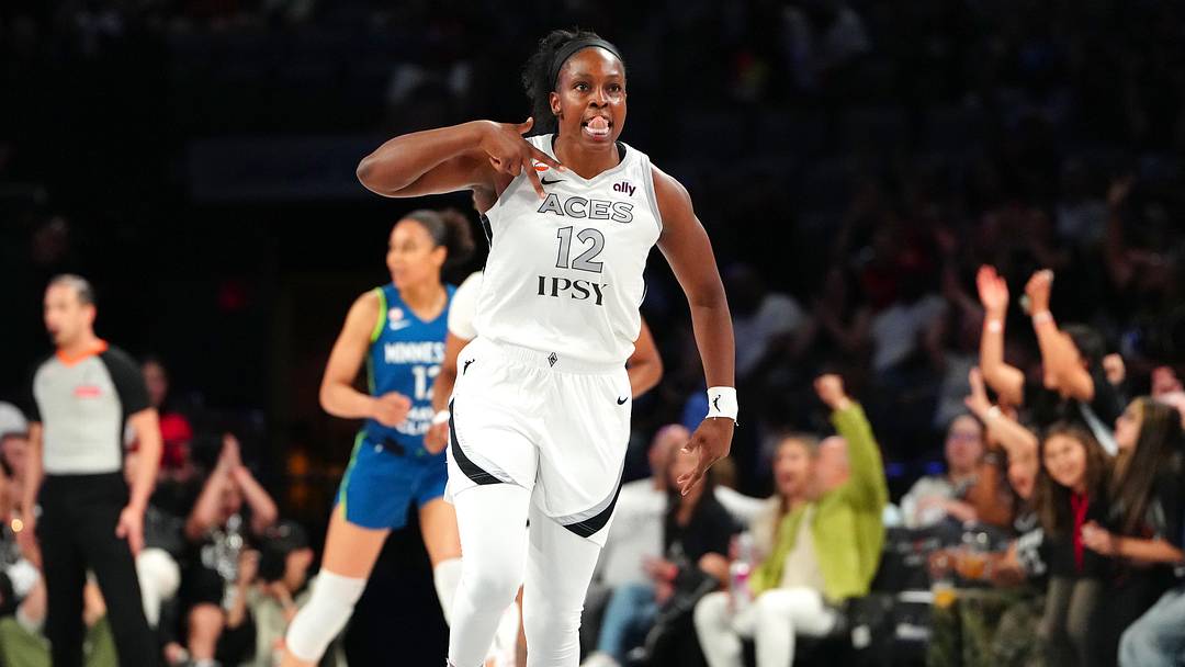Jun 13, 2026; Las Vegas, Nevada, USA; Las Vegas Aces guard Chelsea Gray (12) celebrates after scoring a basket against the Minnesota Lynx during the first quarter at Michelob Ultra Arena. Mandatory Credit: Stephen R. Sylvanie-Imagn Images