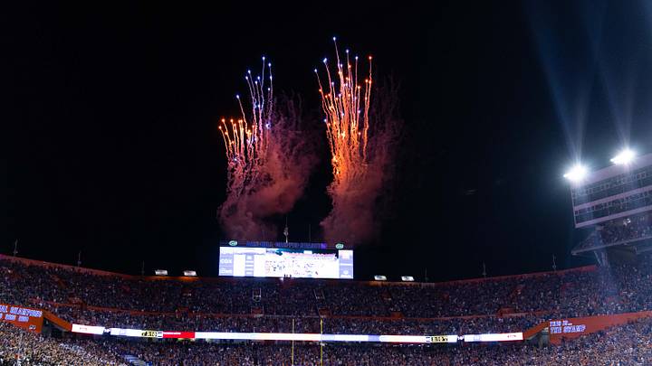 A touchdown is celebrated with fireworks in the first half at Steve Spurrier Field at Ben Hill Griffin Stadium in Gainesville, FL on Saturday, September 17, 2022. [Cyndi Chambers/Gainesville Sun]

Ncaa Football Florida Gators Vs Usf Bulls